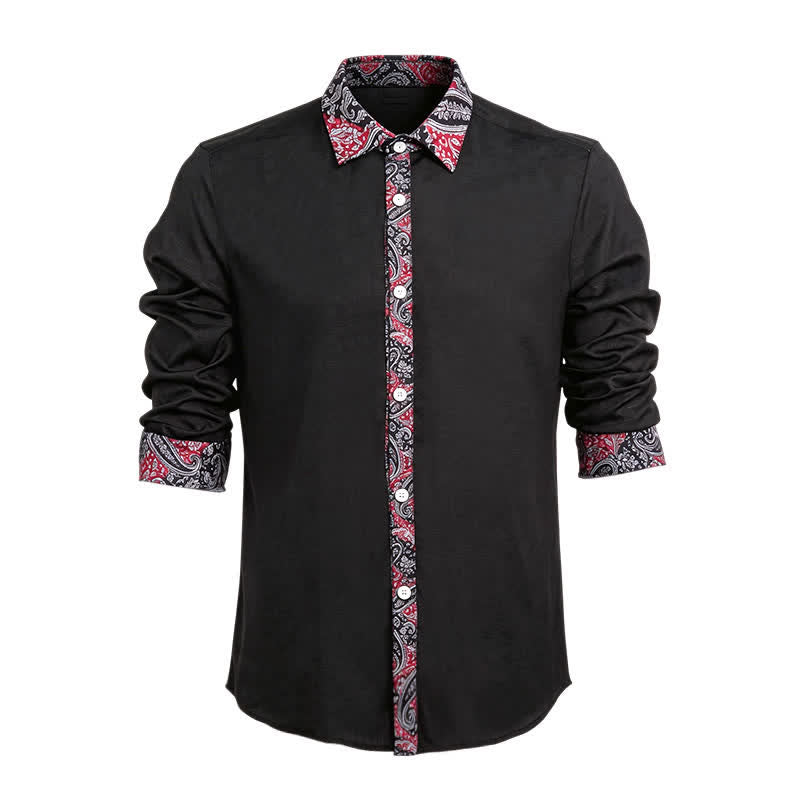 Herrenhemd mit schwarzem, rotem und grauem Paisley-Muster und Kontrastkragen - Schwarz & Rot - 6XL - image 0