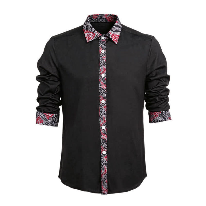 Herrenhemd mit schwarzem, rotem und grauem Paisley-Muster und Kontrastkragen - Schwarz & Rot - 6XL - image 0