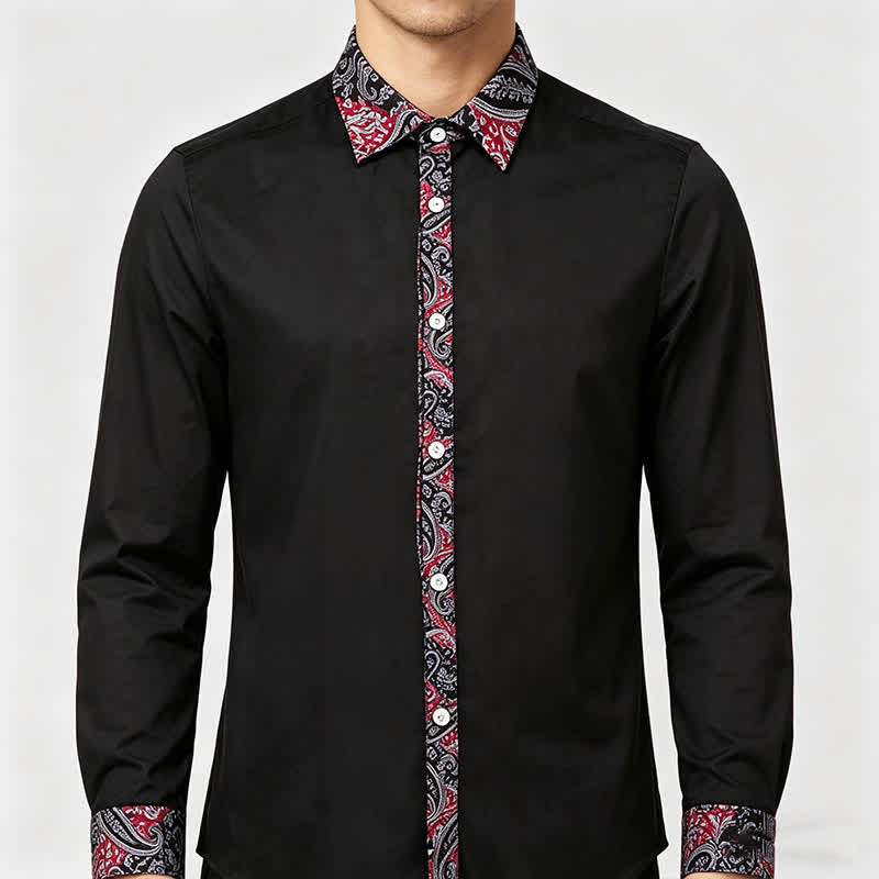 Herrenhemd mit schwarzem, rotem und grauem Paisley-Muster und Kontrastkragen - image 2