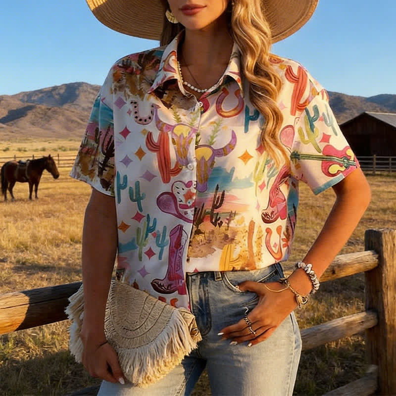 Lässiges, kurzärmeliges Damen-Sommerhemd im Western-Stil mit Aquarellprint - Stil Nr. 1 - 4XL - image 0