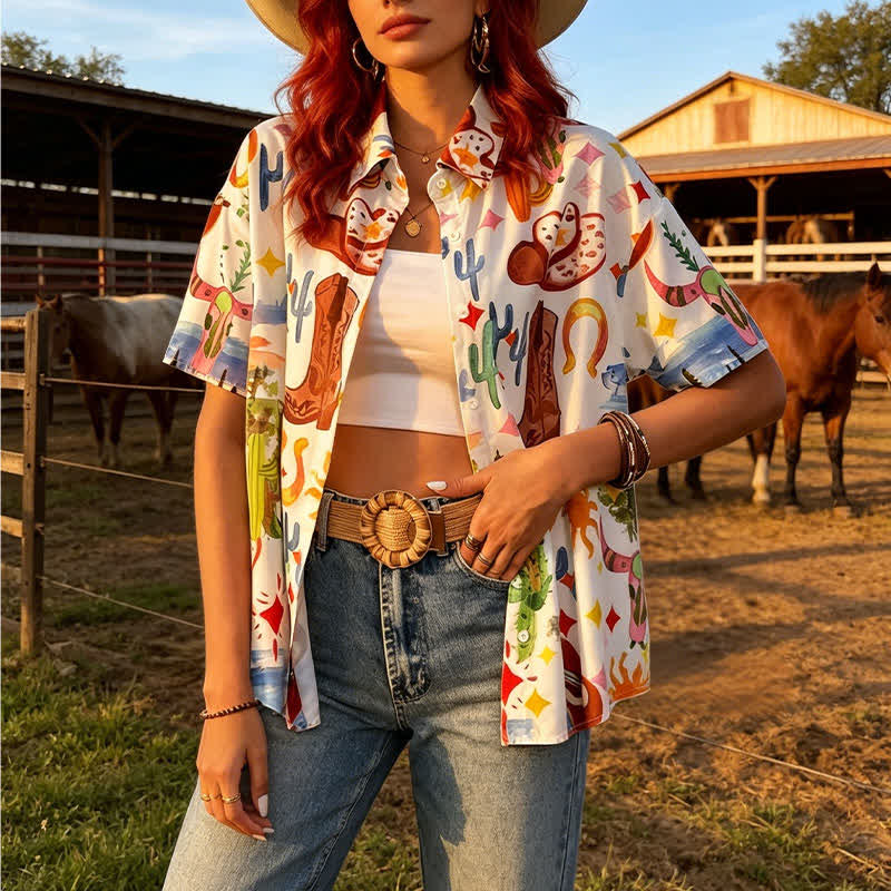 Lässiges, kurzärmeliges Damen-Sommerhemd im Western-Stil mit Aquarellprint - Stil Nr. 4 - 4XL - image 3