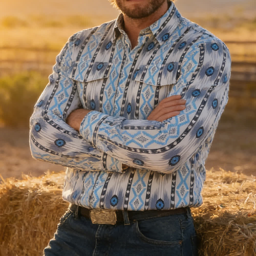 Herrenhemd im Westernstil mit blau-grauem Aztekenmuster und 3D-Druck - Blau & Grau - 5XL - image 0