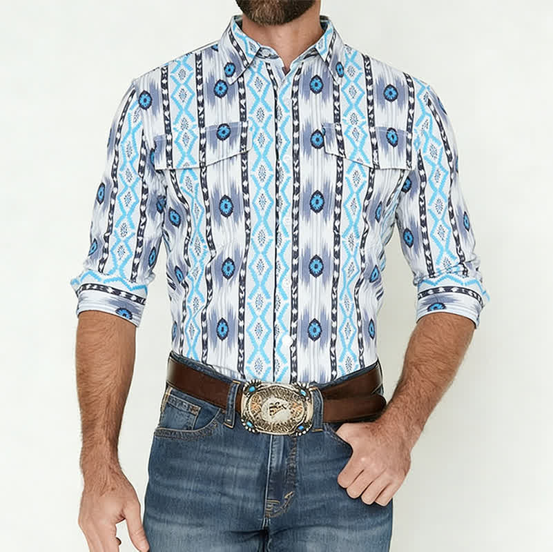 Herrenhemd im Westernstil mit blau-grauem Aztekenmuster und 3D-Druck - image 1