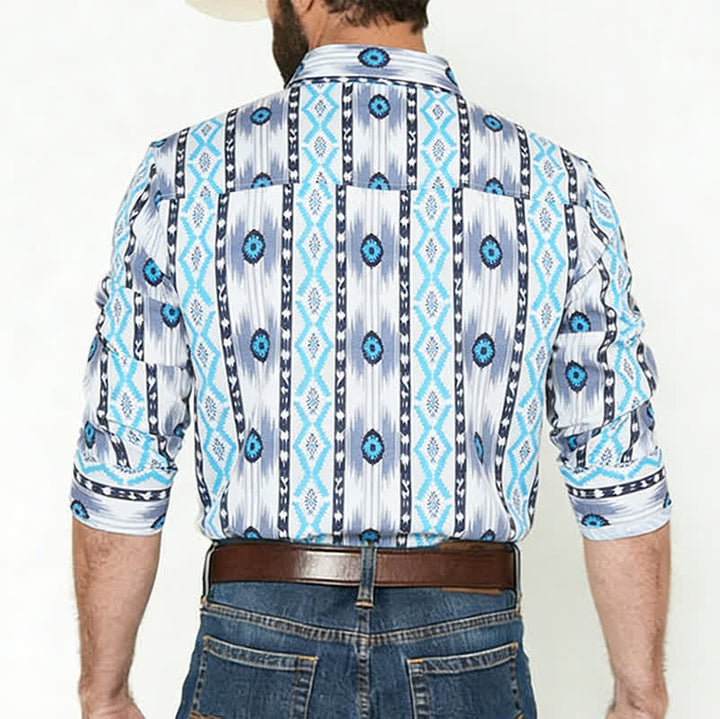 Herrenhemd im Westernstil mit blau-grauem Aztekenmuster und 3D-Druck - image 2