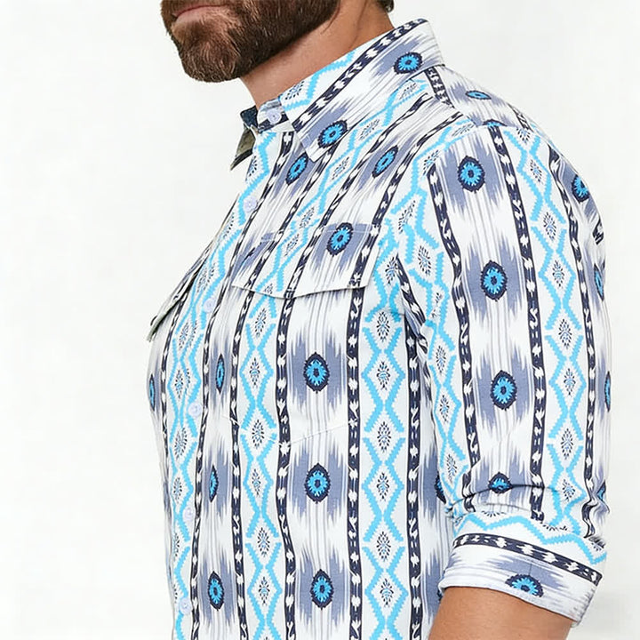 Herrenhemd im Westernstil mit blau-grauem Aztekenmuster und 3D-Druck - image 3