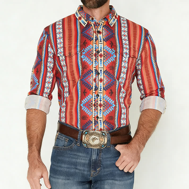 Orangefarbenes Herrenhemd im Südwest-Tribal-Stil mit 3D-Druck - image 1
