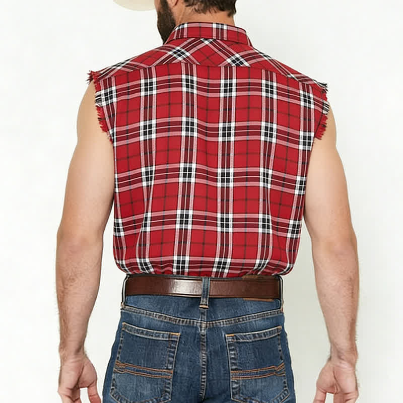 Ärmelloses Herrenhemd mit Fransen im Western-Stil, rot-kariert, ärmellos - image 2