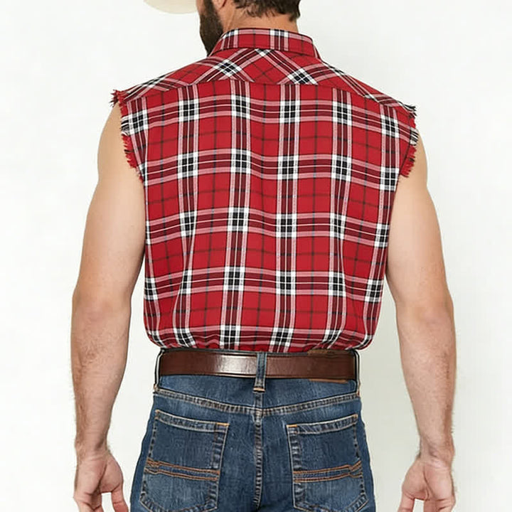 Ärmelloses Herrenhemd mit Fransen im Western-Stil, rot-kariert, ärmellos - image 2