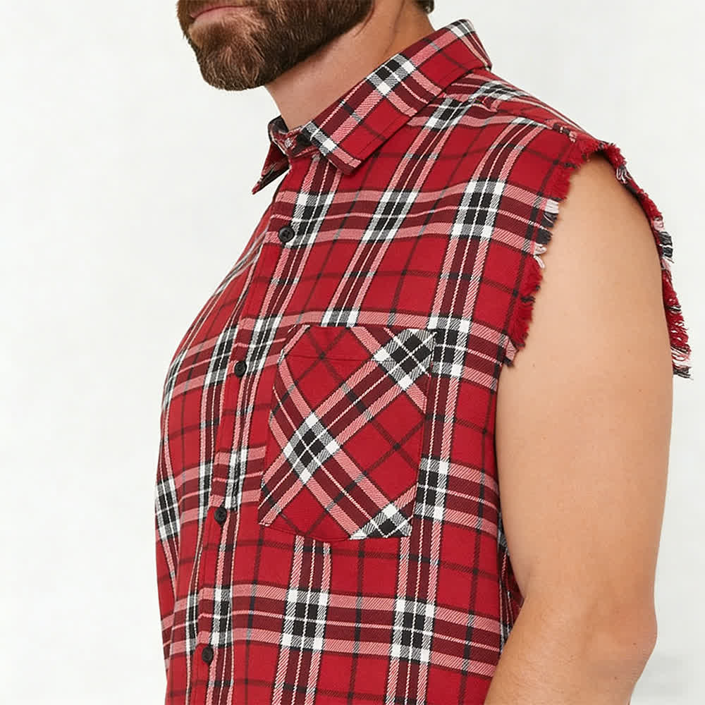 Ärmelloses Herrenhemd mit Fransen im Western-Stil, rot-kariert, ärmellos - image 3