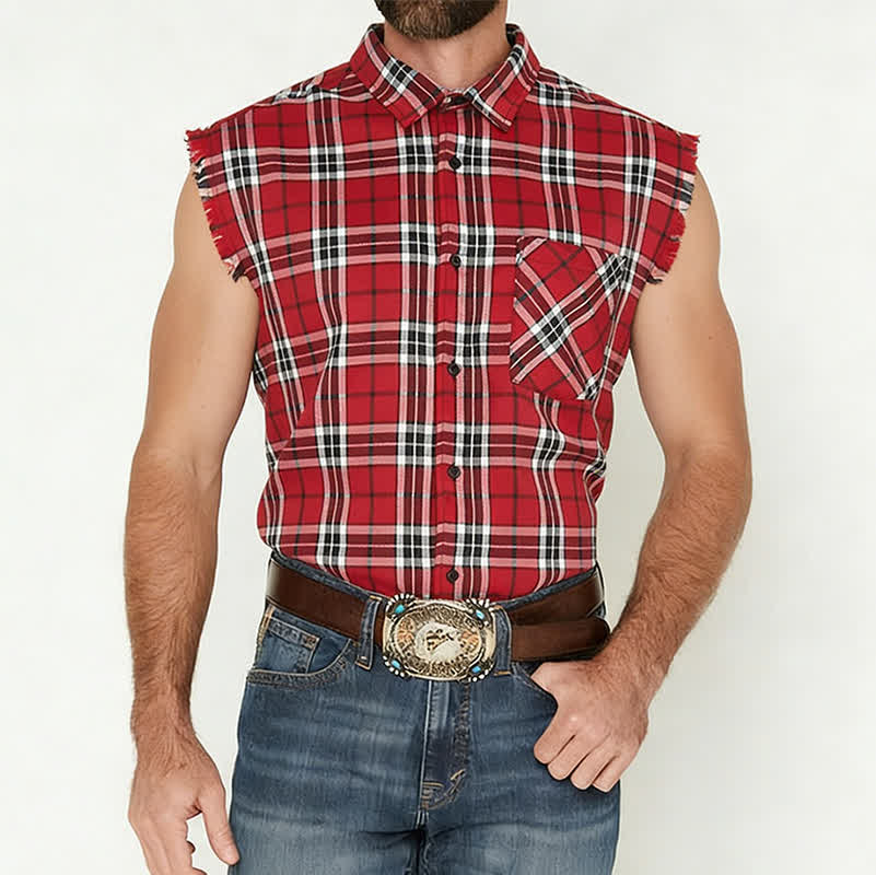 Ärmelloses Herrenhemd mit Fransen im Western-Stil, rot-kariert, ärmellos - image 1