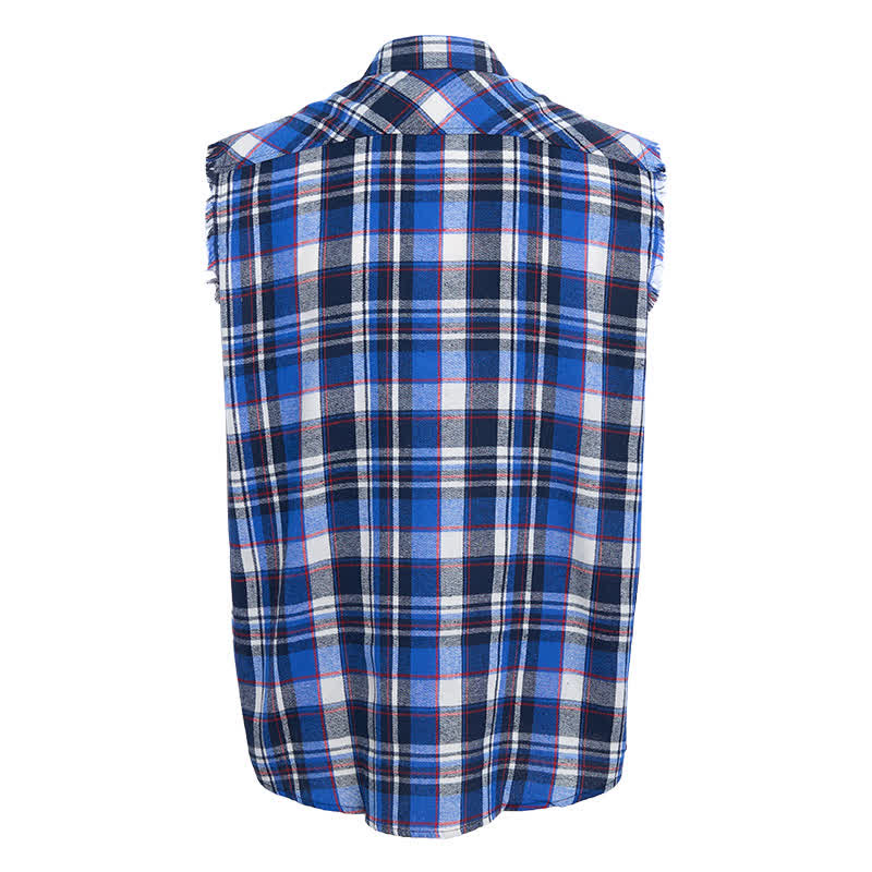 Ärmelloses Herrenhemd mit Fransen im Western-Stil, blau-weiß kariert. - image 9
