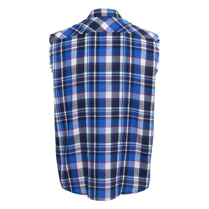 Ärmelloses Herrenhemd mit Fransen im Western-Stil, blau-weiß kariert. - image 9
