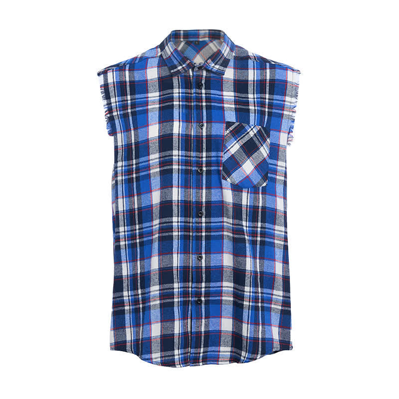 Ärmelloses Herrenhemd mit Fransen im Western-Stil, blau-weiß kariert. - image 8