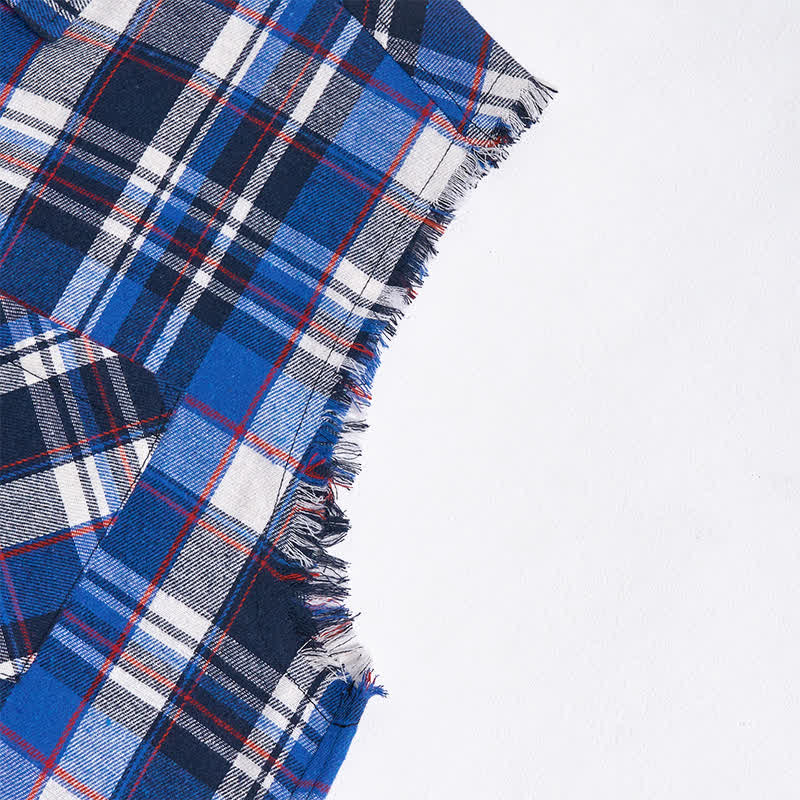 Ärmelloses Herrenhemd mit Fransen im Western-Stil, blau-weiß kariert. - image 7