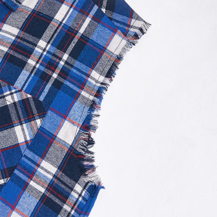 Ärmelloses Herrenhemd mit Fransen im Western-Stil, blau-weiß kariert. - image 7