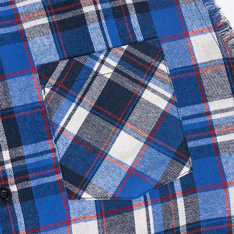 Ärmelloses Herrenhemd mit Fransen im Western-Stil, blau-weiß kariert. - image 5