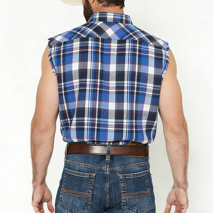 Ärmelloses Herrenhemd mit Fransen im Western-Stil, blau-weiß kariert. - image 2