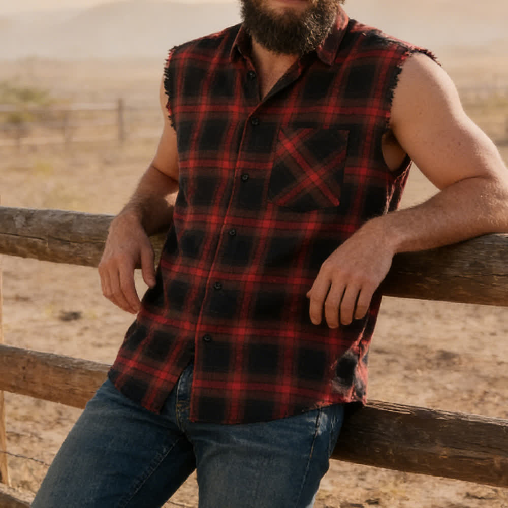 Ärmelloses Hemd/Weste im Western-Stil mit Karomuster für Herren - Rot - 3XL - image 4