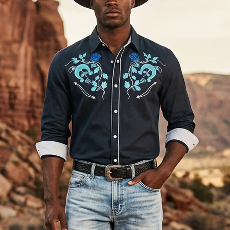 Robustes Herren-Cowboyhemd mit Hufeisen- und Rosenmuster im Westernstil - Weiß & Schwarz - 6XL - image 4
