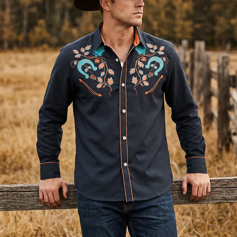 Robustes Herren-Cowboyhemd mit Hufeisen- und Rosenmuster im Westernstil - Orange & Schwarz - 6XL - image 5