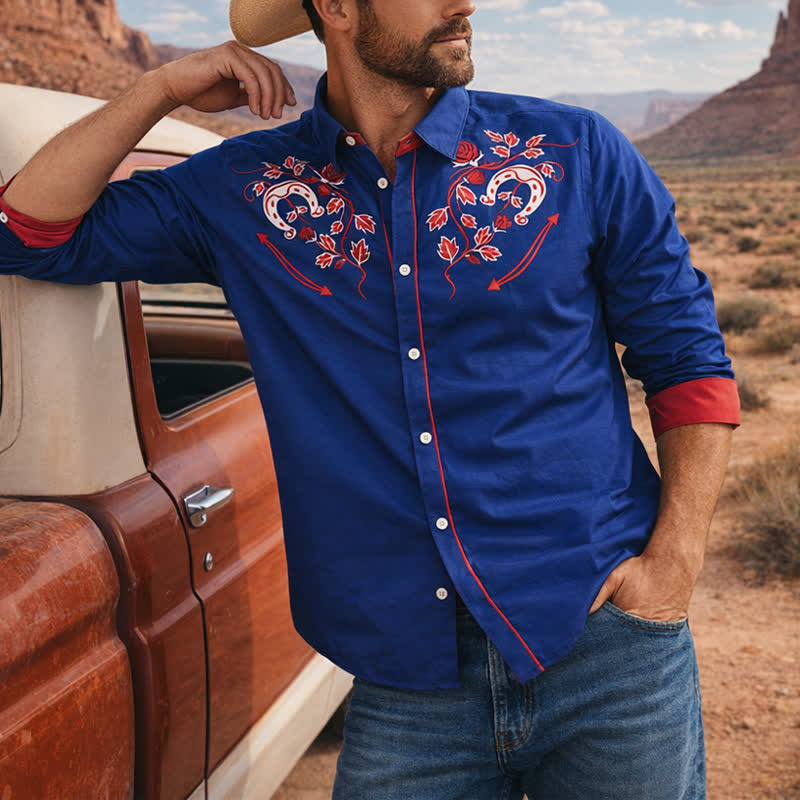 Robustes Herren-Cowboyhemd mit Hufeisen- und Rosenmuster im Westernstil - Rot und Marineblau - 6XL - image 0