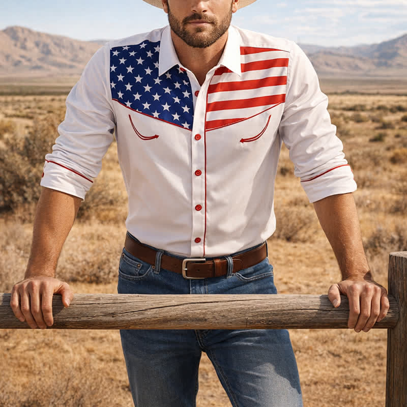 Herrenhemd mit Western-USA-Flaggenmuster und Knopfleiste - Weiß - 5XL - image 0