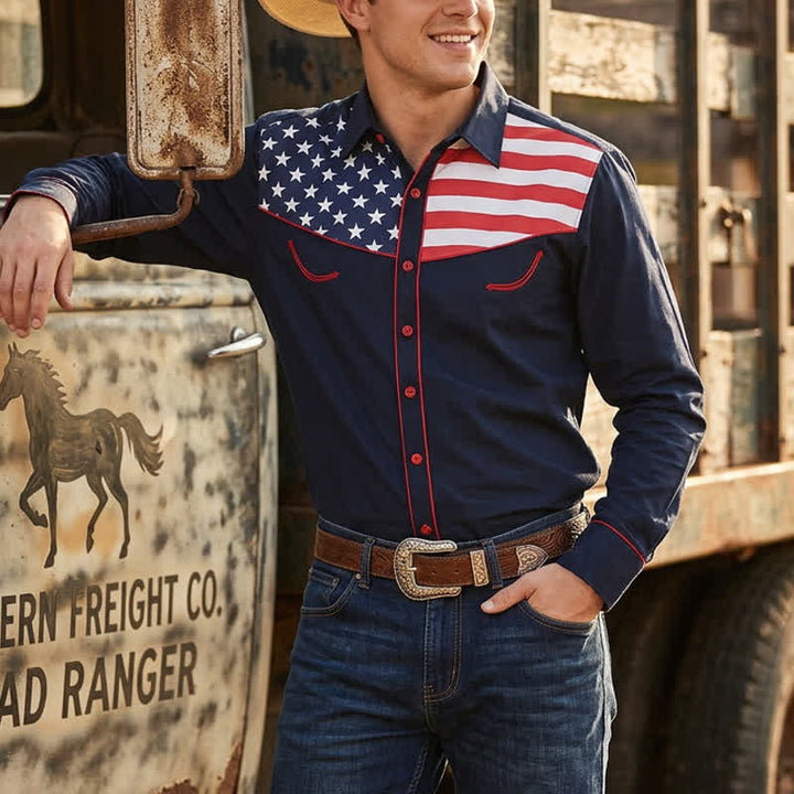 Herrenhemd mit Western-USA-Flaggenmuster und Knopfleiste - Marine - 5XL - image 5
