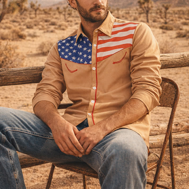 Herrenhemd mit Western-USA-Flaggenmuster und Knopfleiste - Khaki - 5XL - image 4