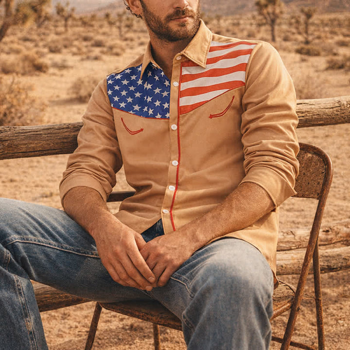 Herrenhemd mit Western-USA-Flaggenmuster und Knopfleiste - Khaki - 5XL - image 4