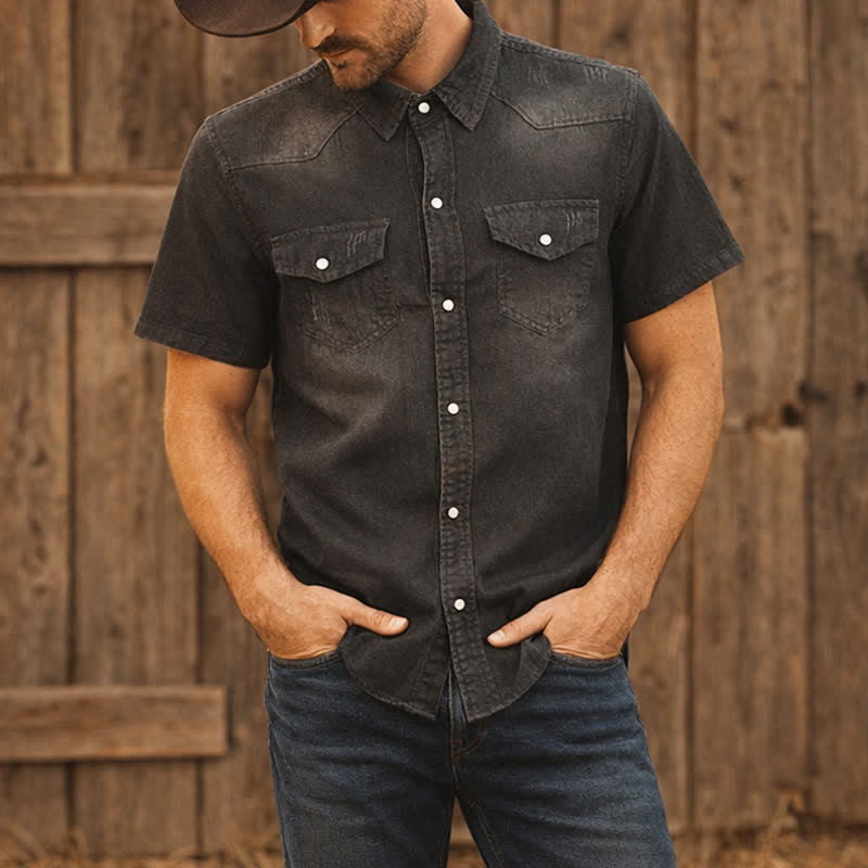 Herren-Western-Denimhemd im Vintage-Look mit kurzen Ärmeln - Dunkelgrau - 3XL - image 4