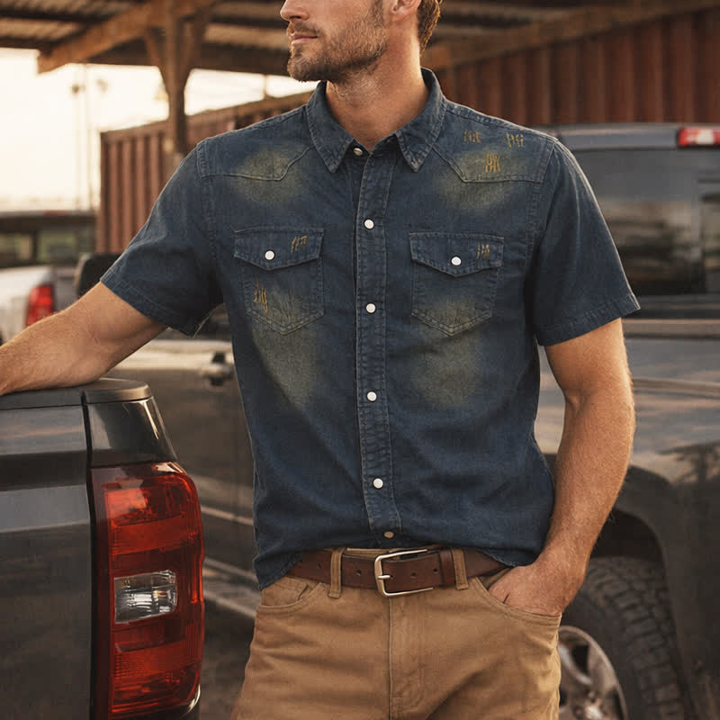 Herren-Western-Denimhemd im Vintage-Look mit kurzen Ärmeln - Dunkelblau - 3XL - image 0