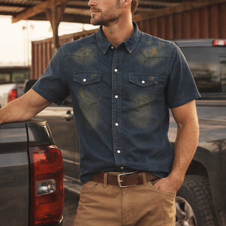 Herren-Western-Denimhemd im Vintage-Look mit kurzen Ärmeln - Dunkelblau - 3XL - image 0