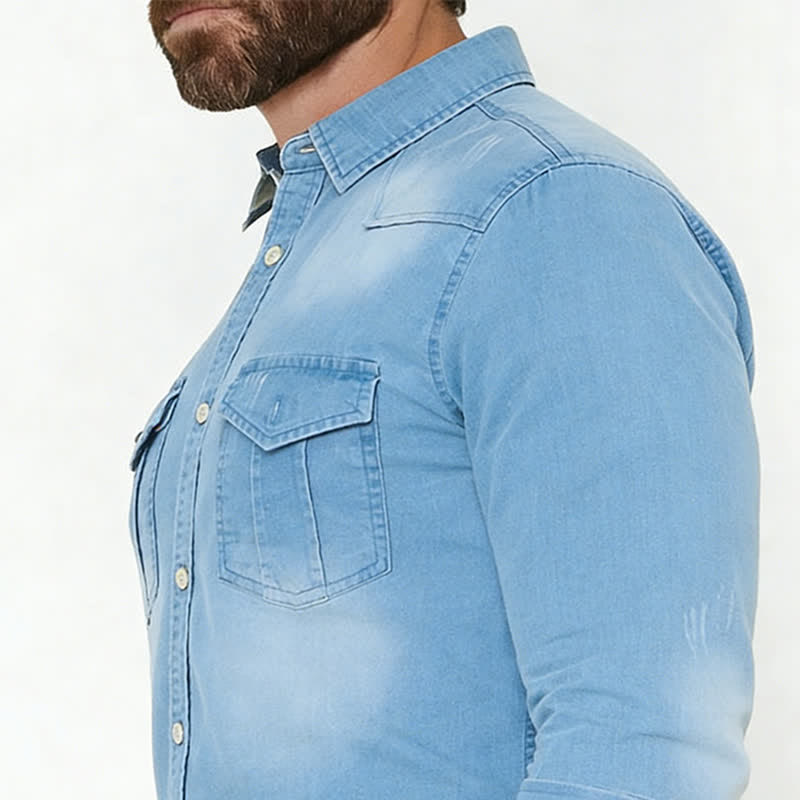 Lässiges Jeanshemd im Westernstil für Herren mit Brusttaschen - image 3