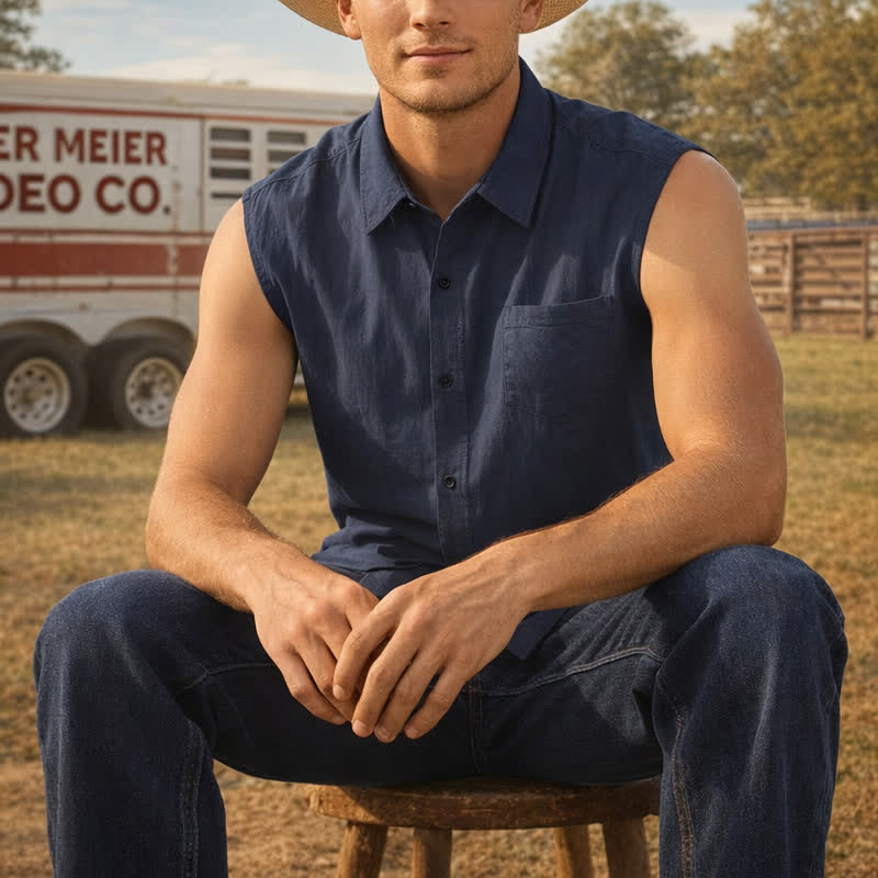 Lässige, ärmellose Leinenhemdweste für Herren, ideal für Strand und Ranch. - Marine - 3XL - image 0