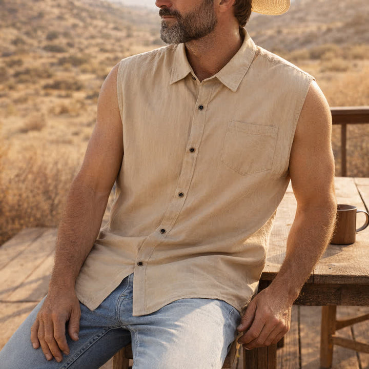 Lässige, ärmellose Leinenhemdweste für Herren, ideal für Strand und Ranch. - Khaki - 3XL - image 3
