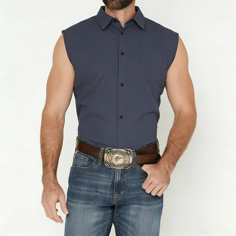 Lässige, ärmellose Leinenhemdweste für Herren, ideal für Strand und Ranch. - image 1