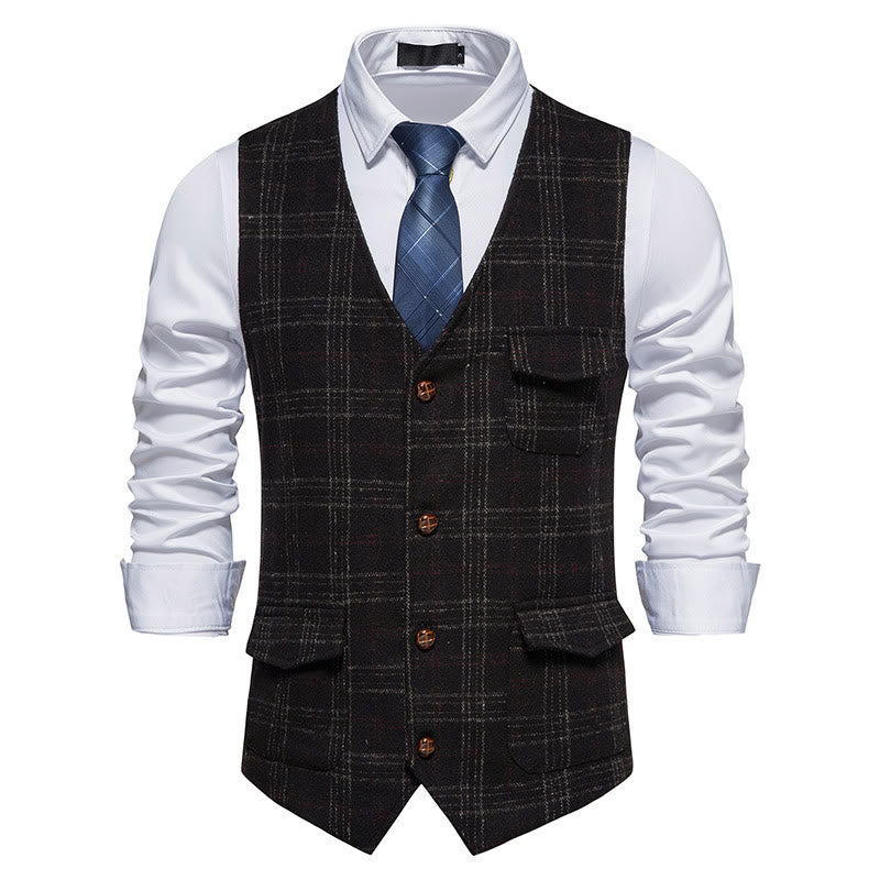 Vintage-Herrenweste mit Karomuster, Reverskragen und Knopfleiste - Schwarz - 2XL - image 7