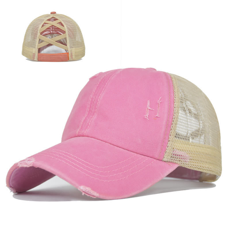 Baseballkappe aus gewaschener Baumwolle mit gekreuzten, abgenutzten Mesh-Einsätzen - Rosa - Verstellbar (ca. 21 5/8"-22 7/8") - image 6