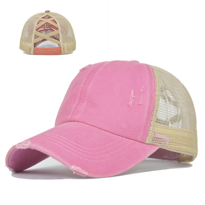 Baseballkappe aus gewaschener Baumwolle mit gekreuzten, abgenutzten Mesh-Einsätzen - Rosa - Verstellbar (ca. 21 5/8"-22 7/8") - image 6