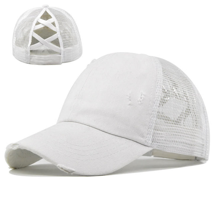 Baseballkappe aus gewaschener Baumwolle mit gekreuzten, abgenutzten Mesh-Einsätzen - Weiß - Verstellbar (ca. 21 5/8"-22 7/8") - image 13