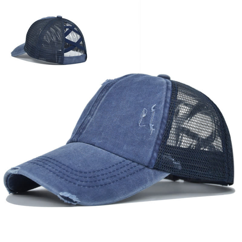 Baseballkappe aus gewaschener Baumwolle mit gekreuzten, abgenutzten Mesh-Einsätzen - Marineblau & Schwarz - Verstellbar (ca. 21 5/8"-22 7/8") - image 0