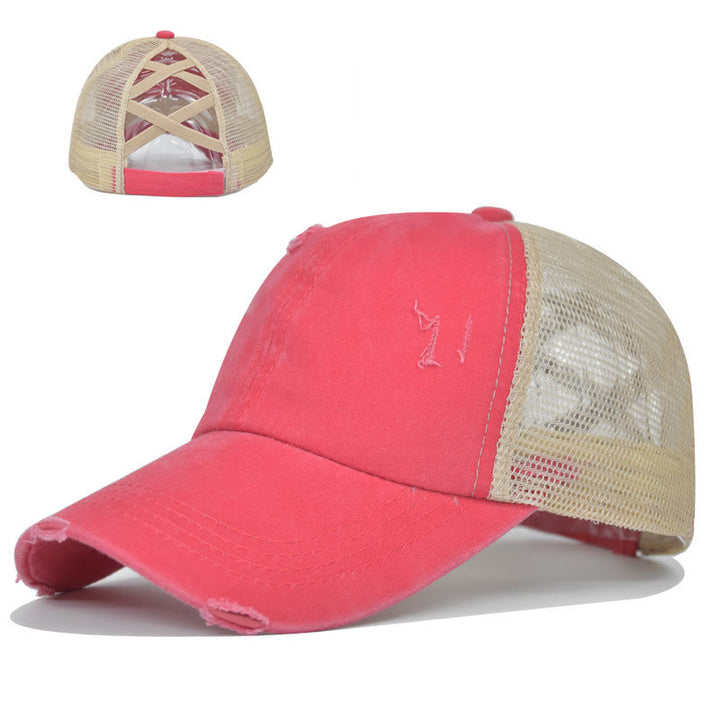 Baseballkappe aus gewaschener Baumwolle mit gekreuzten, abgenutzten Mesh-Einsätzen - Wassermelonenrot - Verstellbar (ca. 21 5/8"-22 7/8") - image 9
