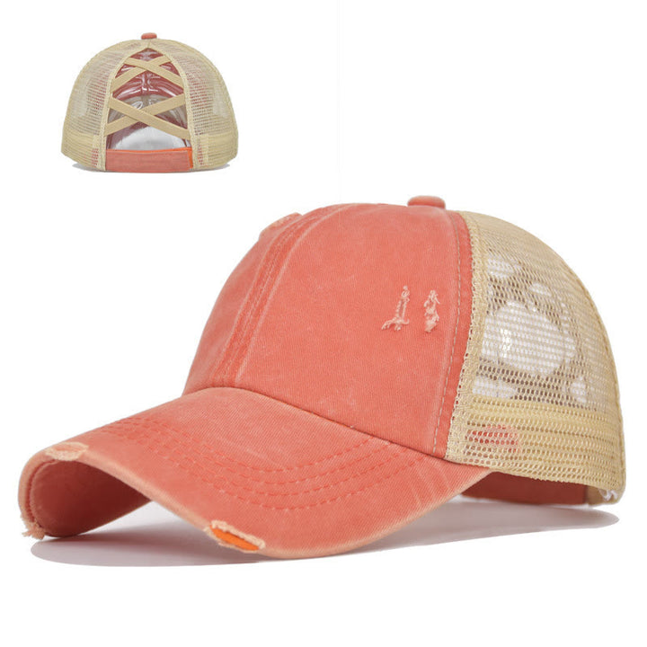 Baseballkappe aus gewaschener Baumwolle mit gekreuzten, abgenutzten Mesh-Einsätzen - Orange - Verstellbar (ca. 21 5/8"-22 7/8") - image 3