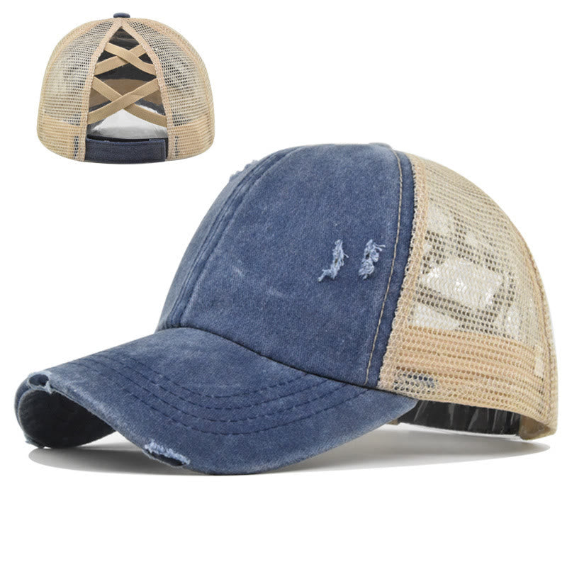 Baseballkappe aus gewaschener Baumwolle mit gekreuzten, abgenutzten Mesh-Einsätzen - Marineblau & Weiß - Verstellbar (ca. 21 5/8"-22 7/8") - image 12