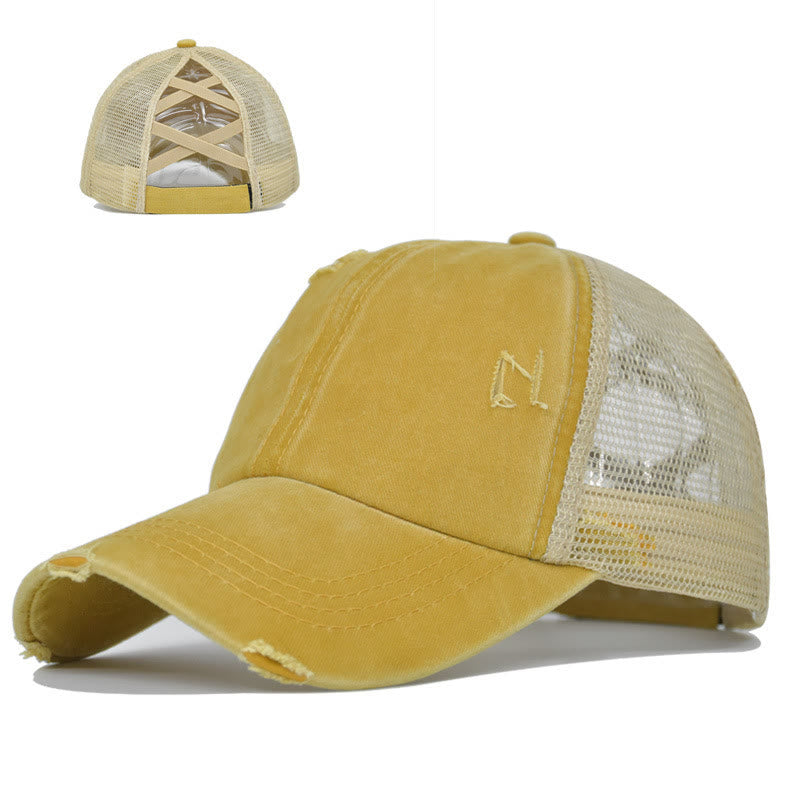 Baseballkappe aus gewaschener Baumwolle mit gekreuzten, abgenutzten Mesh-Einsätzen - Gelb - Verstellbar (ca. 21 5/8"-22 7/8") - image 4