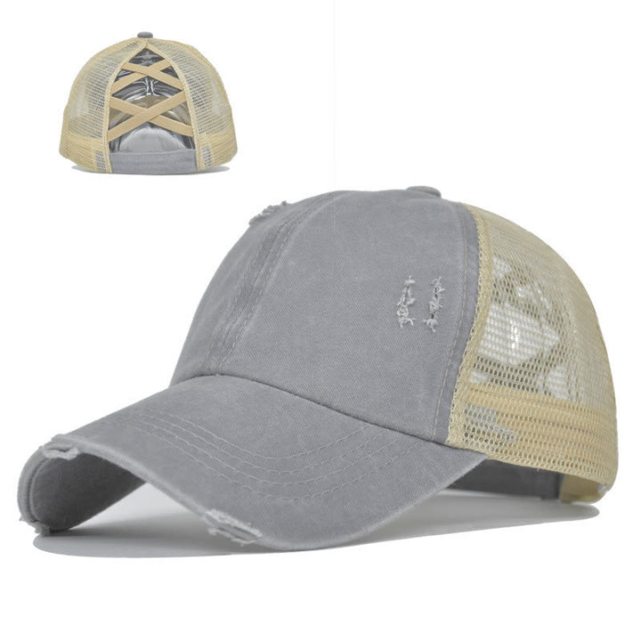 Baseballkappe aus gewaschener Baumwolle mit gekreuzten, abgenutzten Mesh-Einsätzen - Grau - Verstellbar (ca. 21 5/8"-22 7/8") - image 8