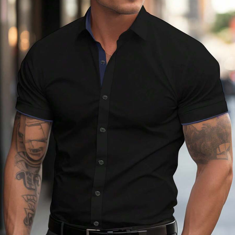 Herren Sommer Kurzarm Stretch Sportliches Freizeithemd mit Knöpfen - Schwarz - 3XL - image 1