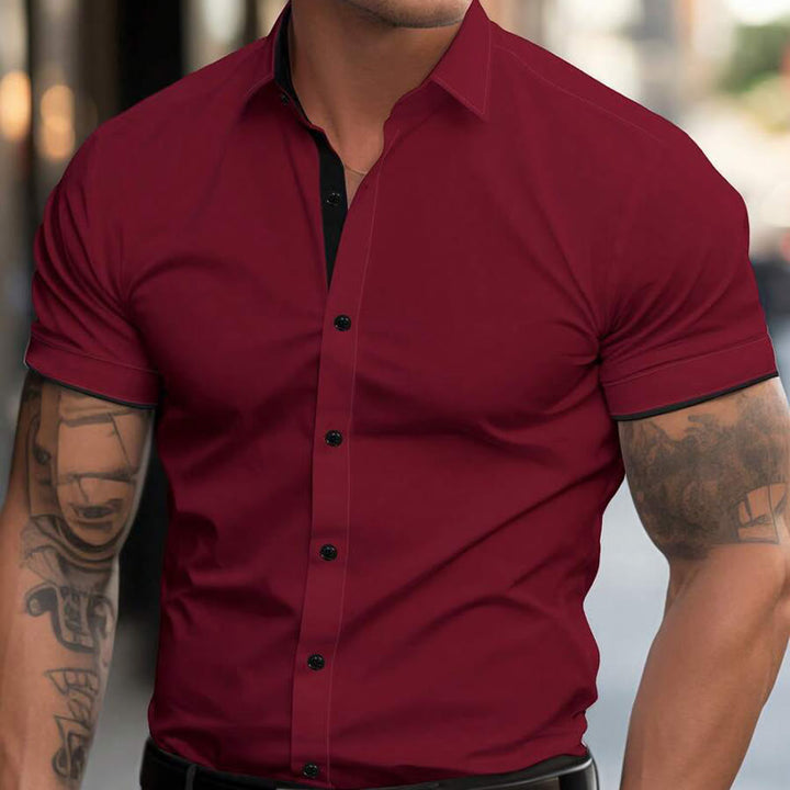 Herren Sommer Kurzarm Stretch Sportliches Freizeithemd mit Knöpfen - Wein - 3XL - image 0
