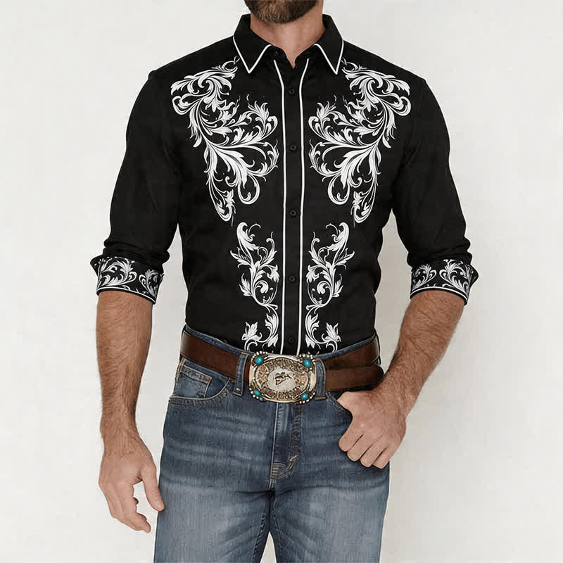 Herrenhemd im Western-Stil mit schwarzem und weißem Blumenmuster - image 1