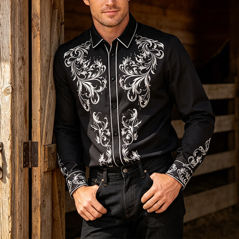 Herrenhemd im Western-Stil mit schwarzem und weißem Blumenmuster - Schwarz - 6XL - image 0